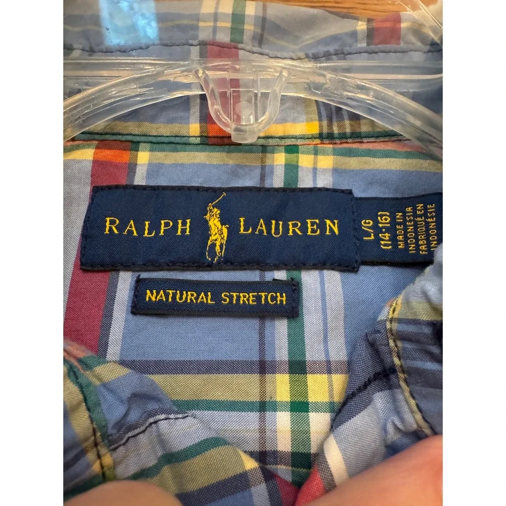 Ralph Lauren Button Down Shirt Kids L 14-16 Blue Plaid Natural Stretch Preppy